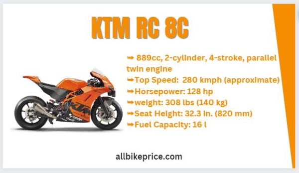 KTM RC 8C Top Speed, Price, Specs, Review, Mileage, Seat Height, Horsepower, Weight, Images